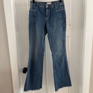 Free People We the Free‎ Izzy Low Rise Flare Jeans 26 Frayed Hem Med Wash Denim